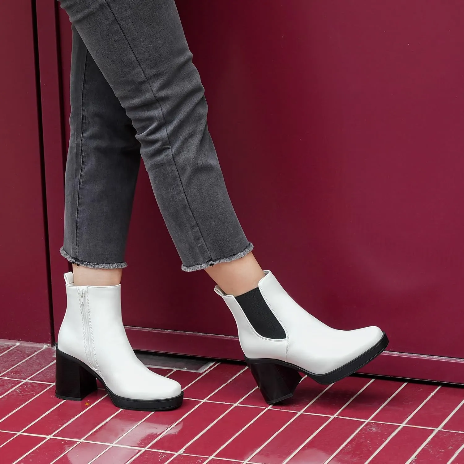 Hawkwell Women's Platform Side Zipper Chelsea Boots Chunky High Heel Square Toe Ankle Booties