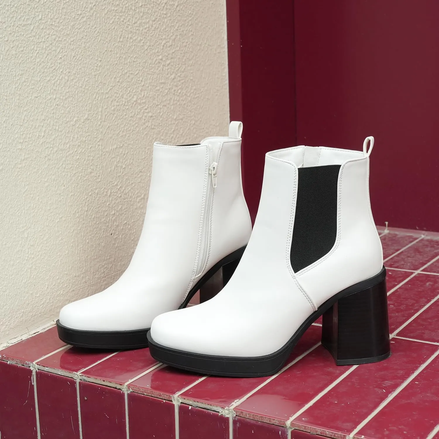 Hawkwell Women's Platform Side Zipper Chelsea Boots Chunky High Heel Square Toe Ankle Booties