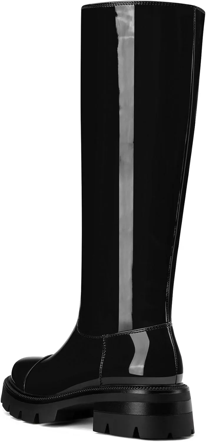 HDEUOLM Womens Chunky Platform Low Heel Round Toe Knee High Boots Slip-on Party Dress Patent Leather Boots Lug Sole Platform Boots