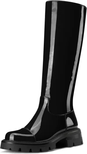 HDEUOLM Womens Chunky Platform Low Heel Round Toe Knee High Boots Slip-on Party Dress Patent Leather Boots Lug Sole Platform Boots