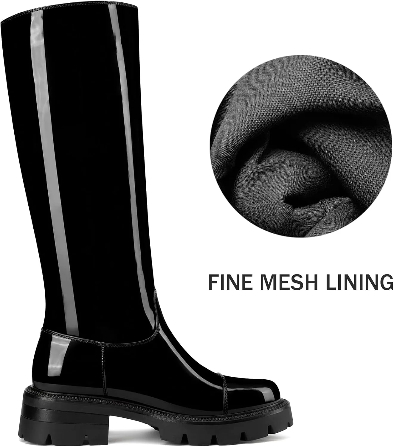 HDEUOLM Womens Chunky Platform Low Heel Round Toe Knee High Boots Slip-on Party Dress Patent Leather Boots Lug Sole Platform Boots