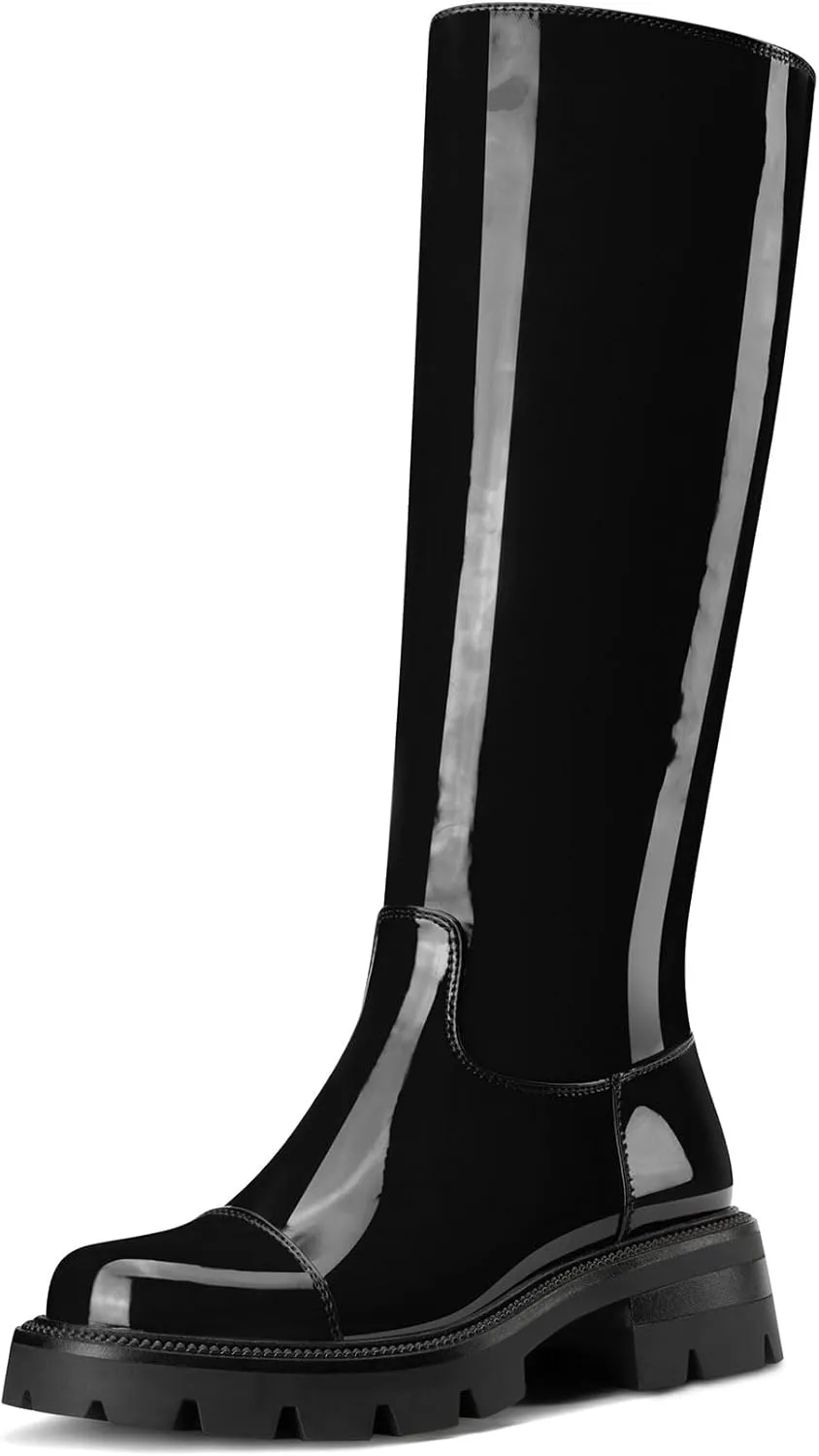 HDEUOLM Womens Chunky Platform Low Heel Round Toe Knee High Boots Slip-on Party Dress Patent Leather Boots Lug Sole Platform Boots