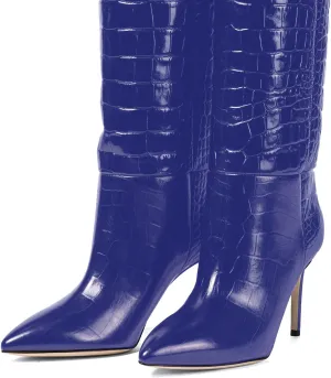 iadore Women Fashion Stiletto High Heel Boots Crocodile Pattern Sexy Pointed Toe Zipper Chic Knee High Boots