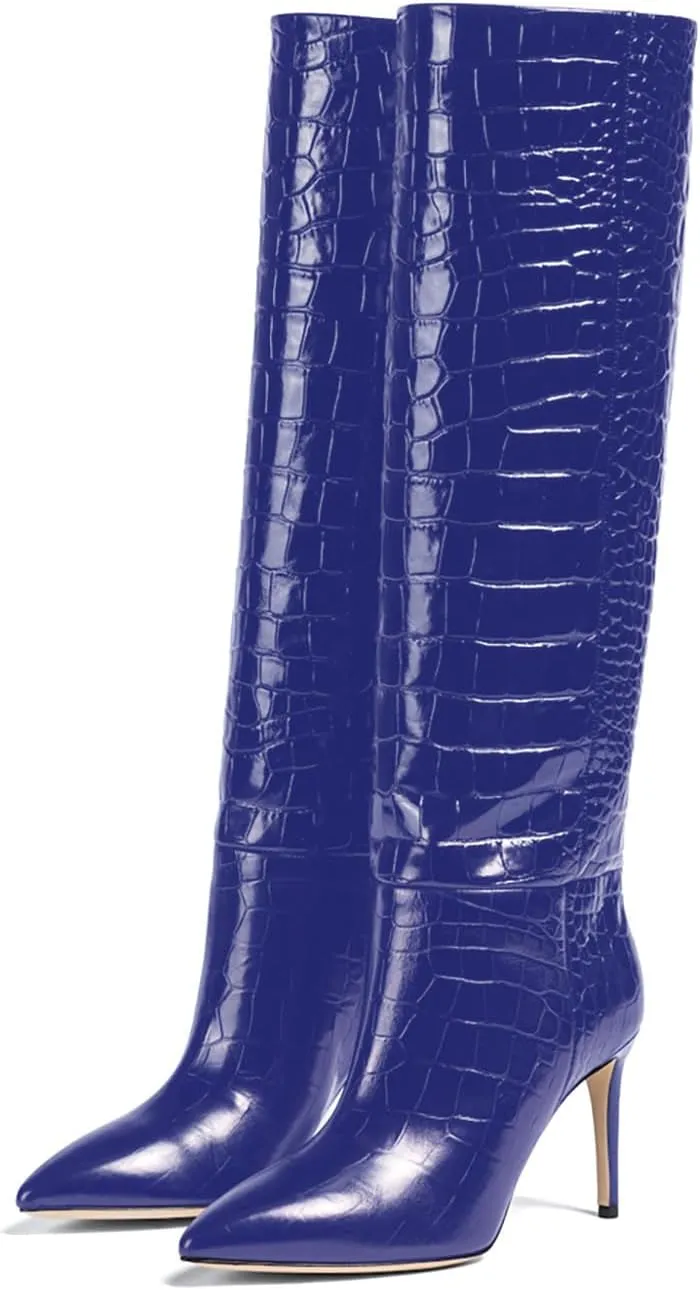 iadore Women Fashion Stiletto High Heel Boots Crocodile Pattern Sexy Pointed Toe Zipper Chic Knee High Boots