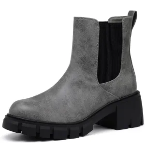 IDIFU IN2 Chelsea Boots Women Ankle Boots for Women Platform Low Heel Short Chunky Lug Sole Block Round Toe Boots Fall Dress Comfortable Fashion Booties for Women Elastic Heeled Boots