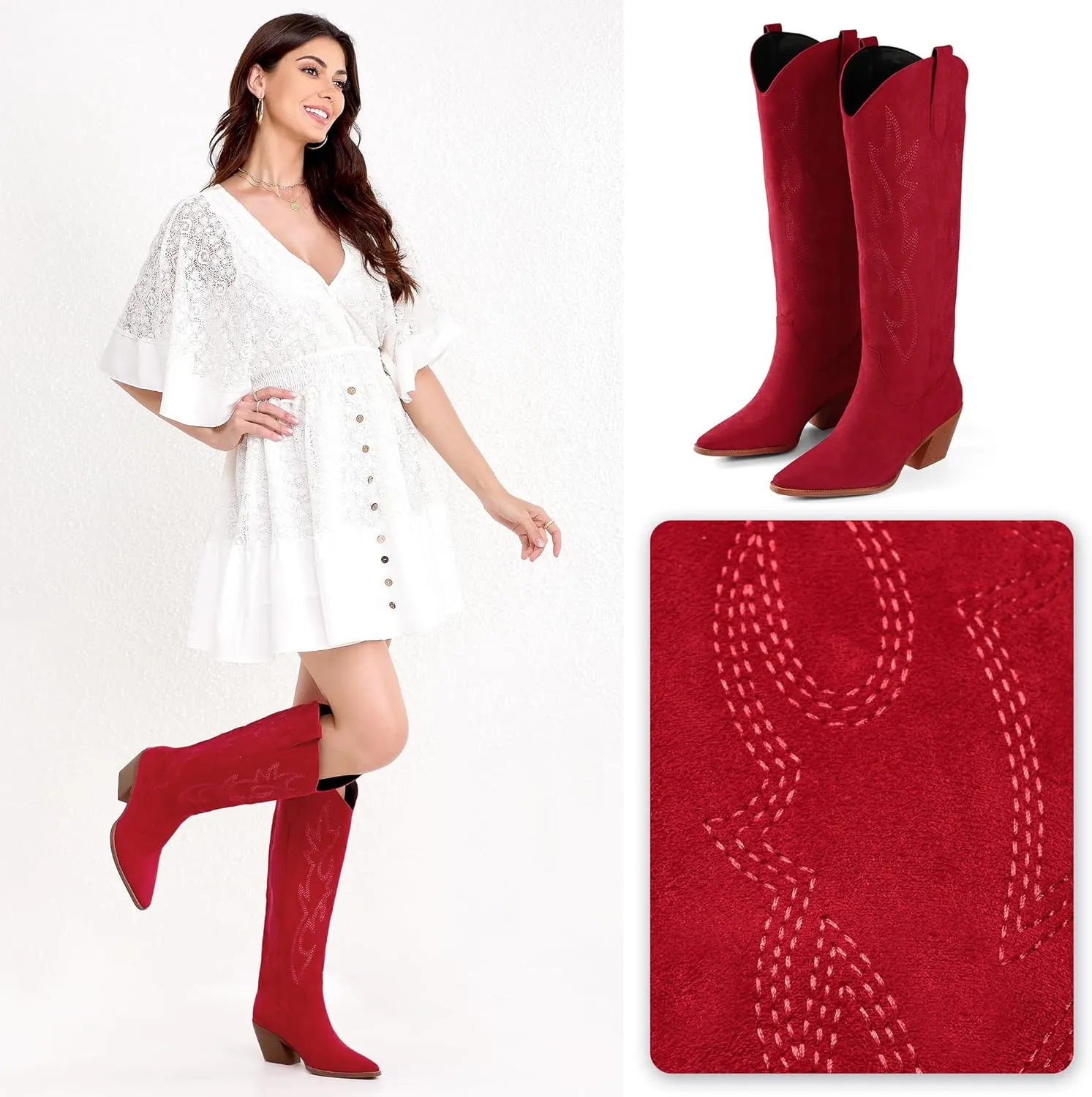 iiimmu Cowgirl Boots Women Knee High Boots Pointed Toe and Block Heel Cowboy Suede and Faux Leather Boots with Embroidered