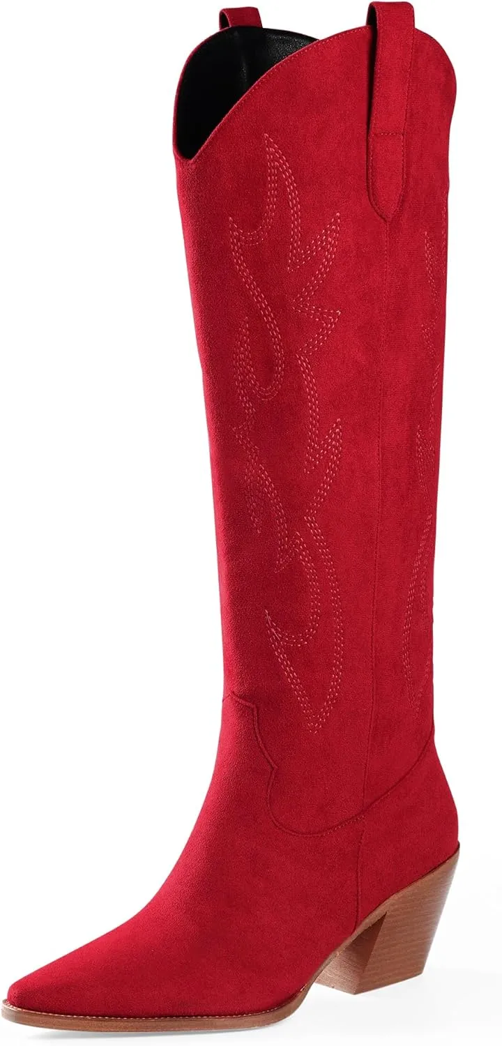 iiimmu Cowgirl Boots Women Knee High Boots Pointed Toe and Block Heel Cowboy Suede and Faux Leather Boots with Embroidered