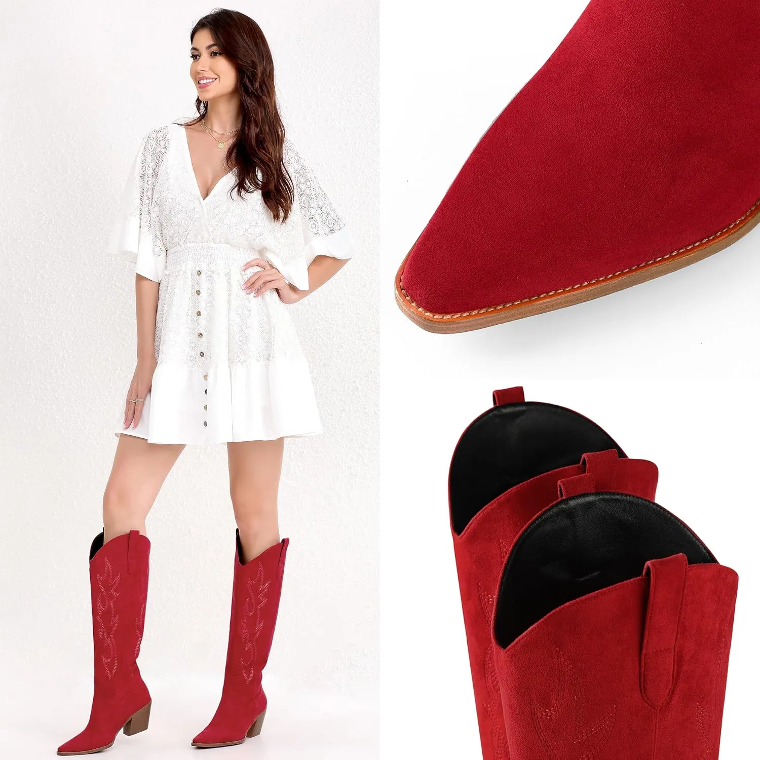iiimmu Cowgirl Boots Women Knee High Boots Pointed Toe and Block Heel Cowboy Suede and Faux Leather Boots with Embroidered