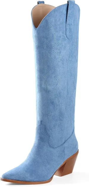 iiimmu Cowgirl Boots Women Knee High Boots Pointed Toe and Block Heel Cowboy Suede and Faux Leather Boots with Embroidered