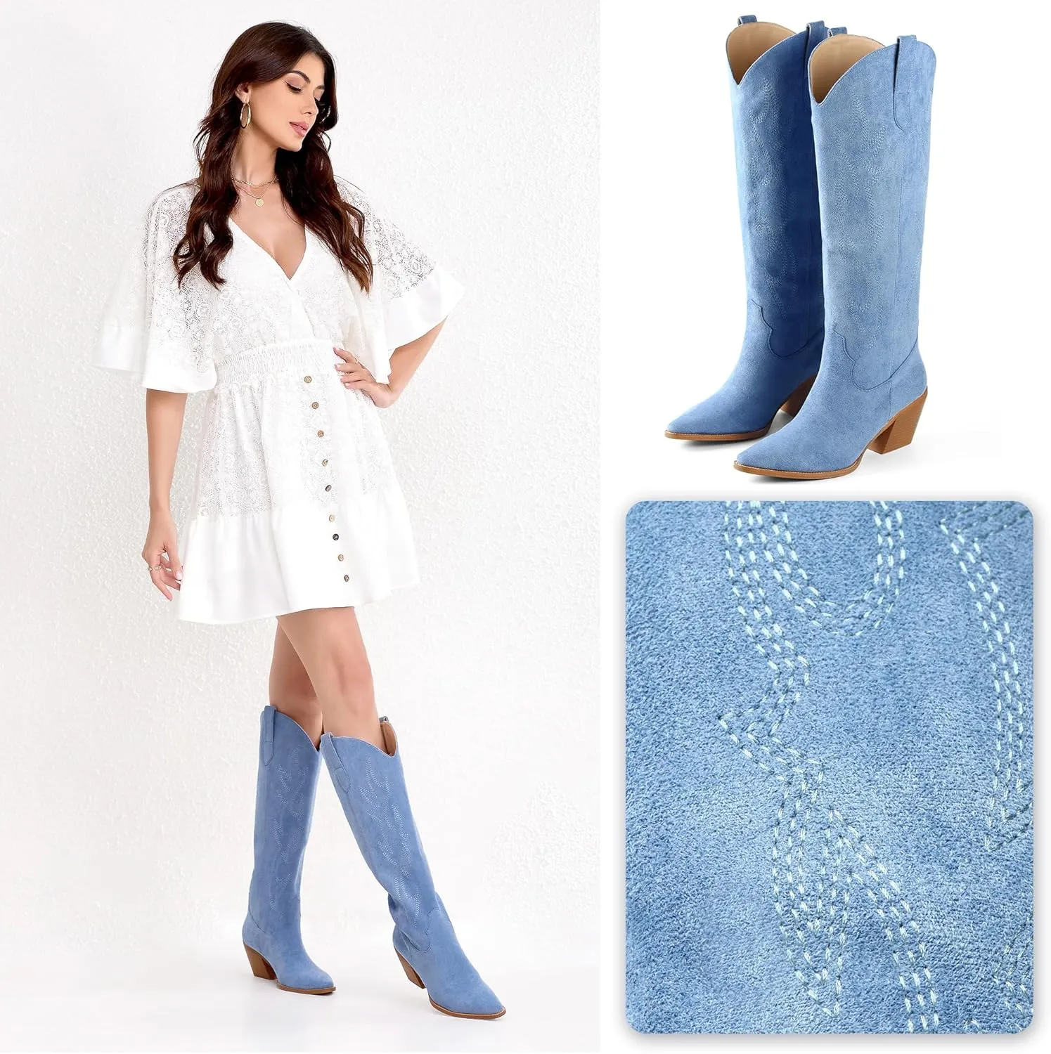 iiimmu Cowgirl Boots Women Knee High Boots Pointed Toe and Block Heel Cowboy Suede and Faux Leather Boots with Embroidered
