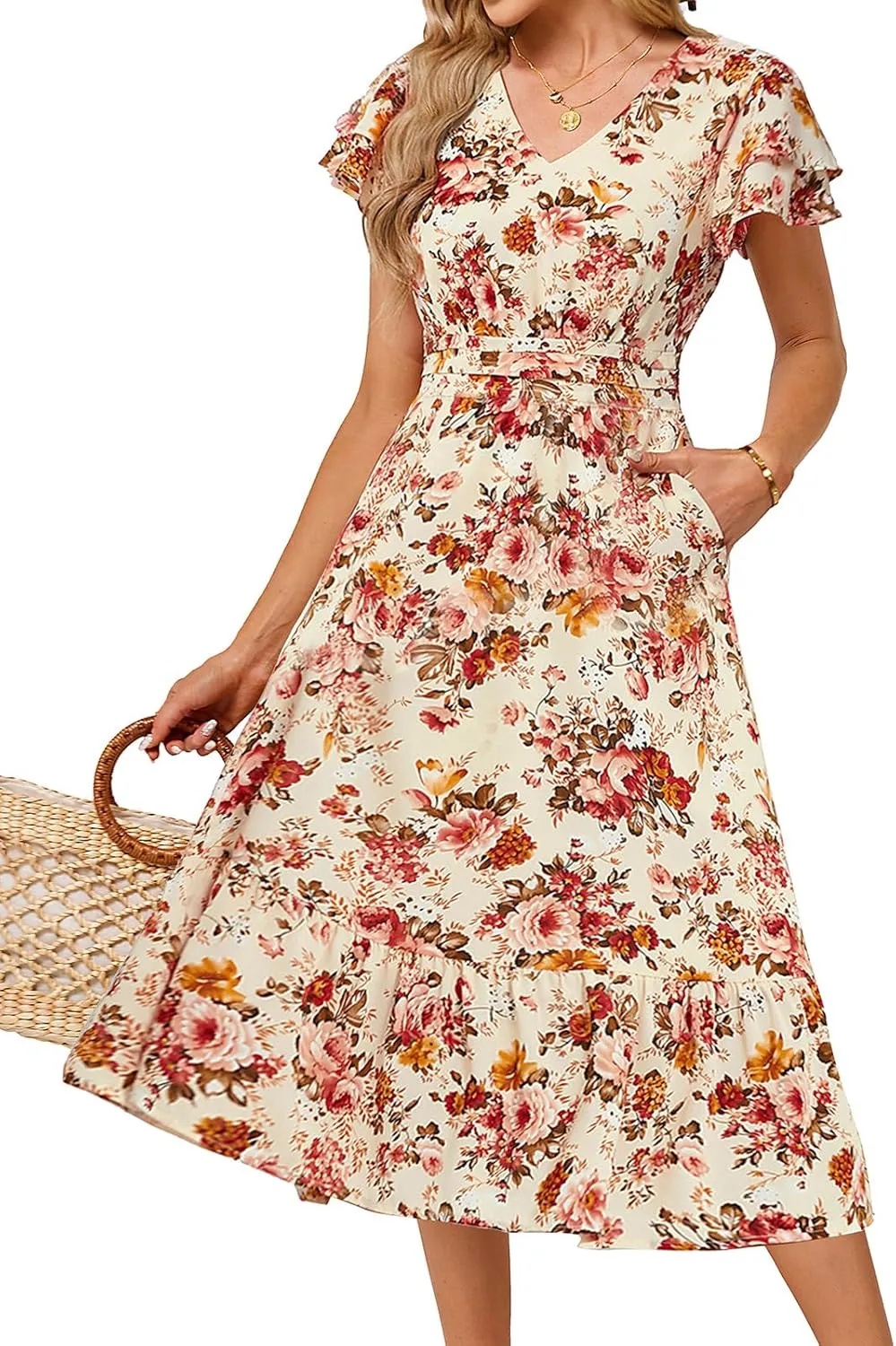 JASAMBAC Women Summer Dresses Casual Flowy Beach V Neck Ruffle Sleeve Smocked Back Waist Floral Midi Dress with Pockets