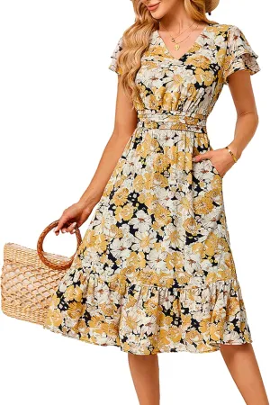 JASAMBAC Women Summer Dresses Casual Flowy Beach V Neck Ruffle Sleeve Smocked Back Waist Floral Midi Dress with Pockets