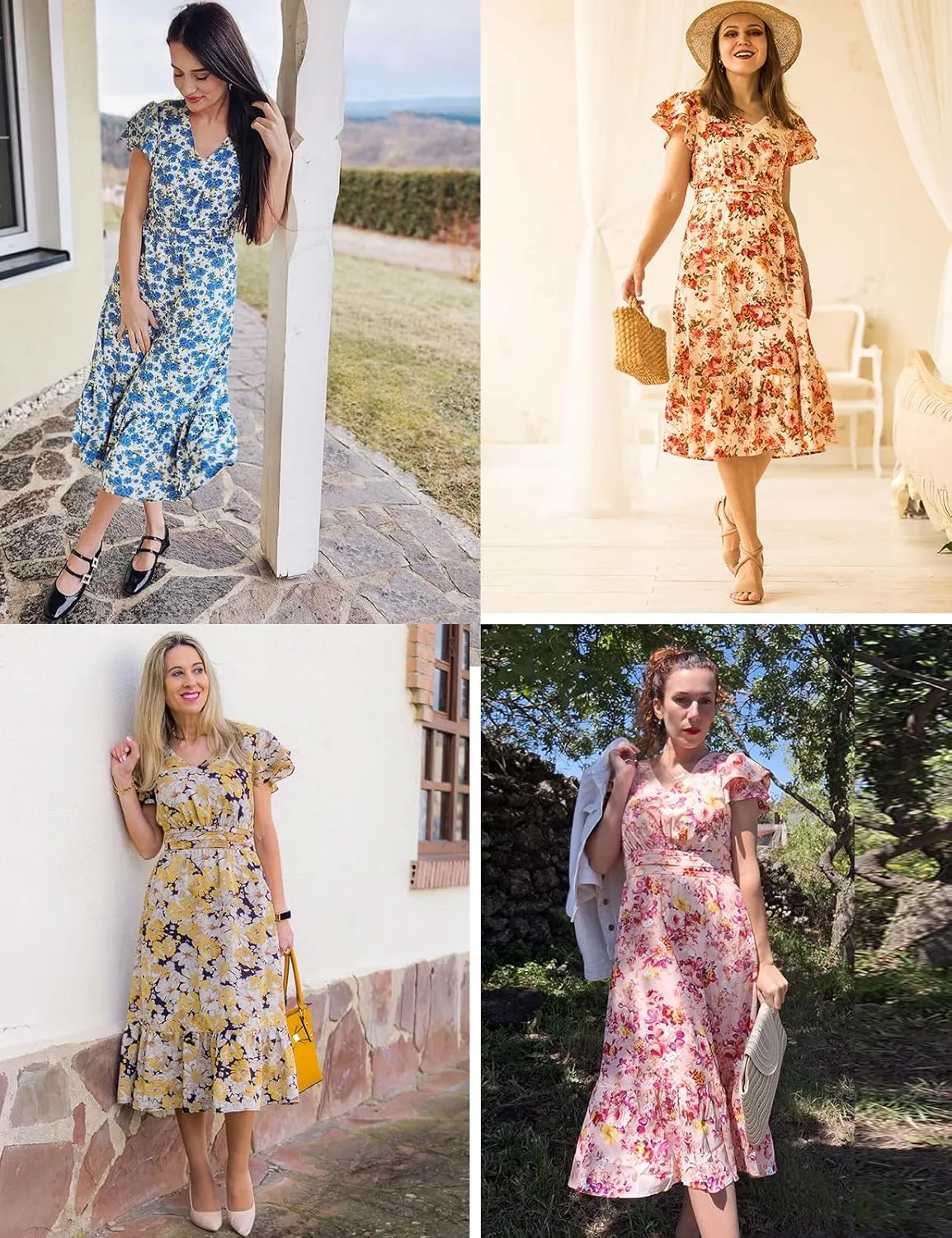 JASAMBAC Women Summer Dresses Casual Flowy Beach V Neck Ruffle Sleeve Smocked Back Waist Floral Midi Dress with Pockets