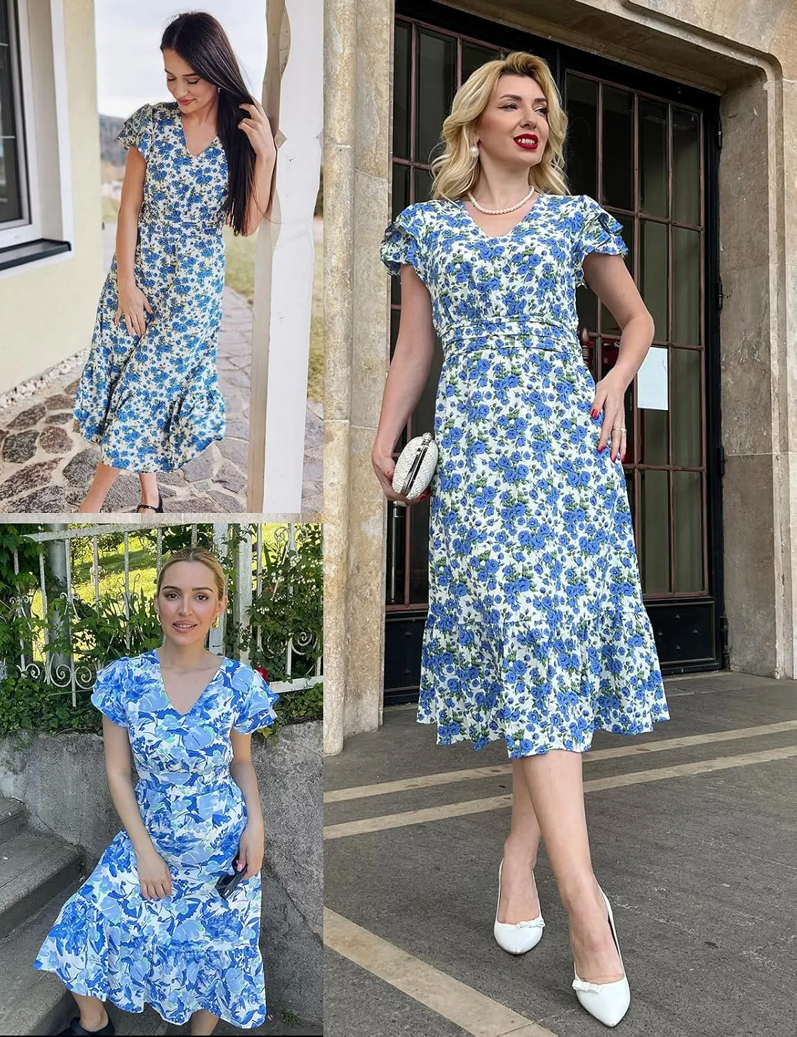 JASAMBAC Women Summer Dresses Casual Flowy Beach V Neck Ruffle Sleeve Smocked Back Waist Floral Midi Dress with Pockets