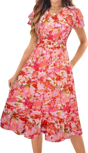 JASAMBAC Women Summer Dresses Casual Flowy Beach V Neck Ruffle Sleeve Smocked Back Waist Floral Midi Dress with Pockets