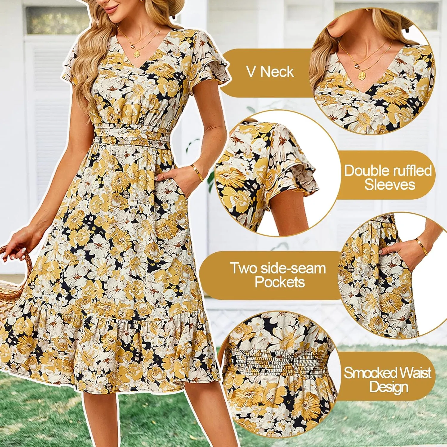JASAMBAC Women Summer Dresses Casual Flowy Beach V Neck Ruffle Sleeve Smocked Back Waist Floral Midi Dress with Pockets
