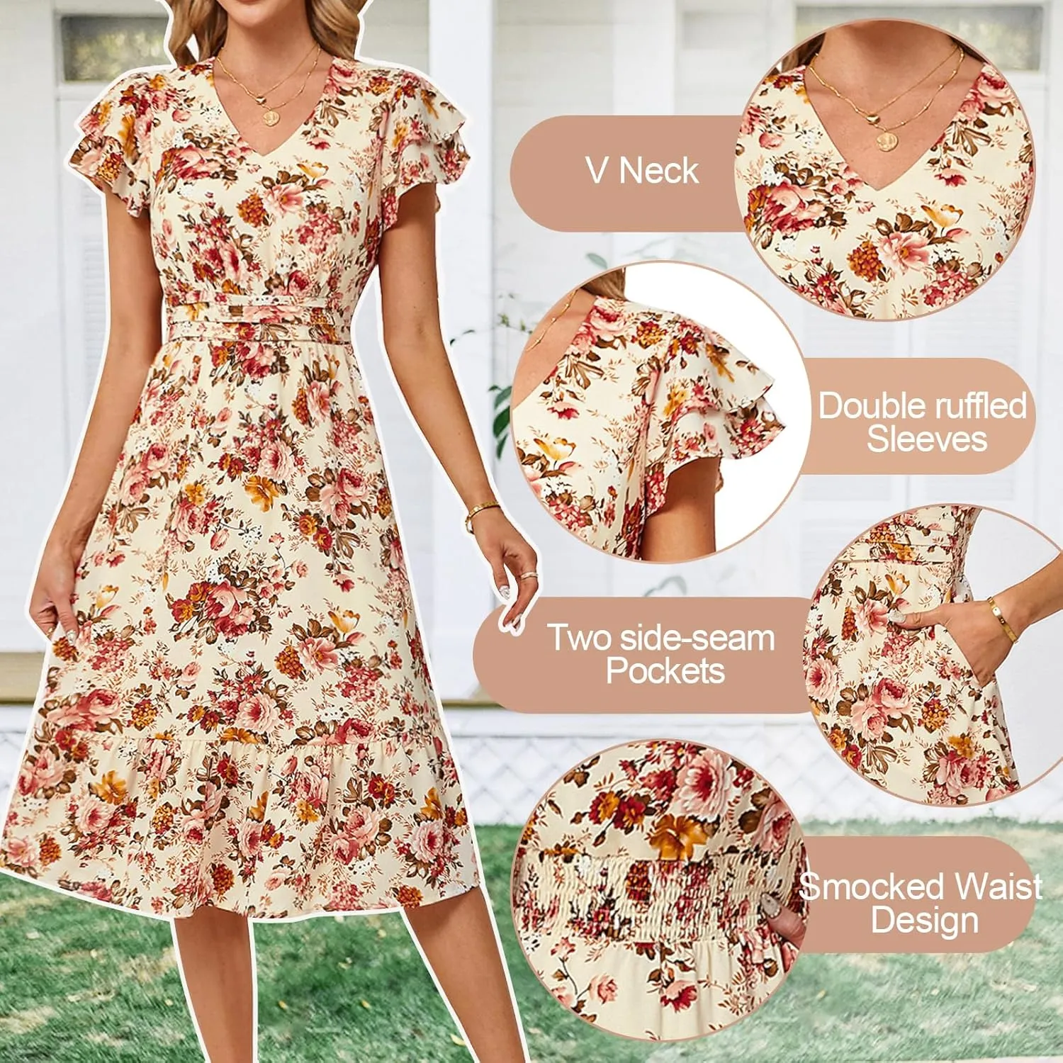 JASAMBAC Women Summer Dresses Casual Flowy Beach V Neck Ruffle Sleeve Smocked Back Waist Floral Midi Dress with Pockets