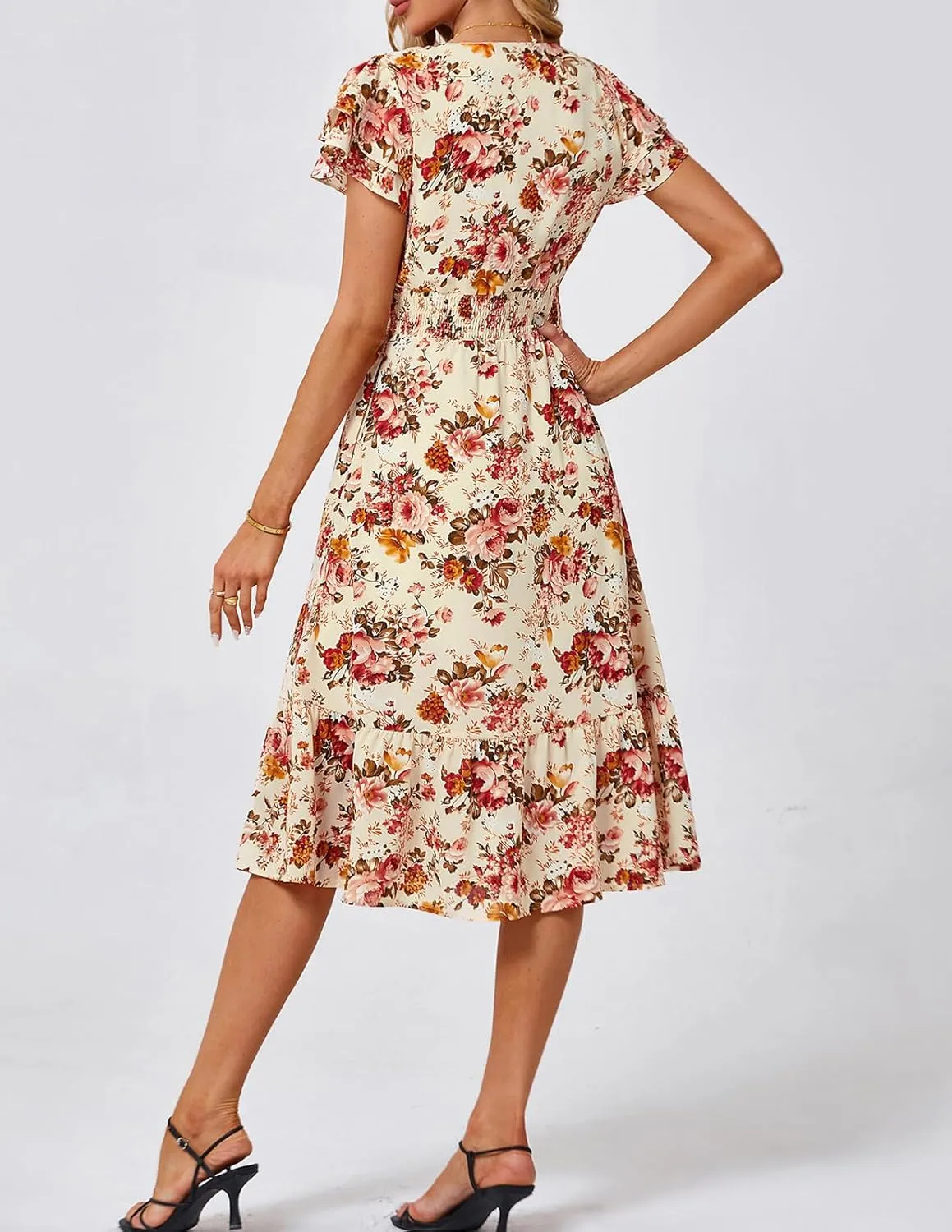 JASAMBAC Women Summer Dresses Casual Flowy Beach V Neck Ruffle Sleeve Smocked Back Waist Floral Midi Dress with Pockets