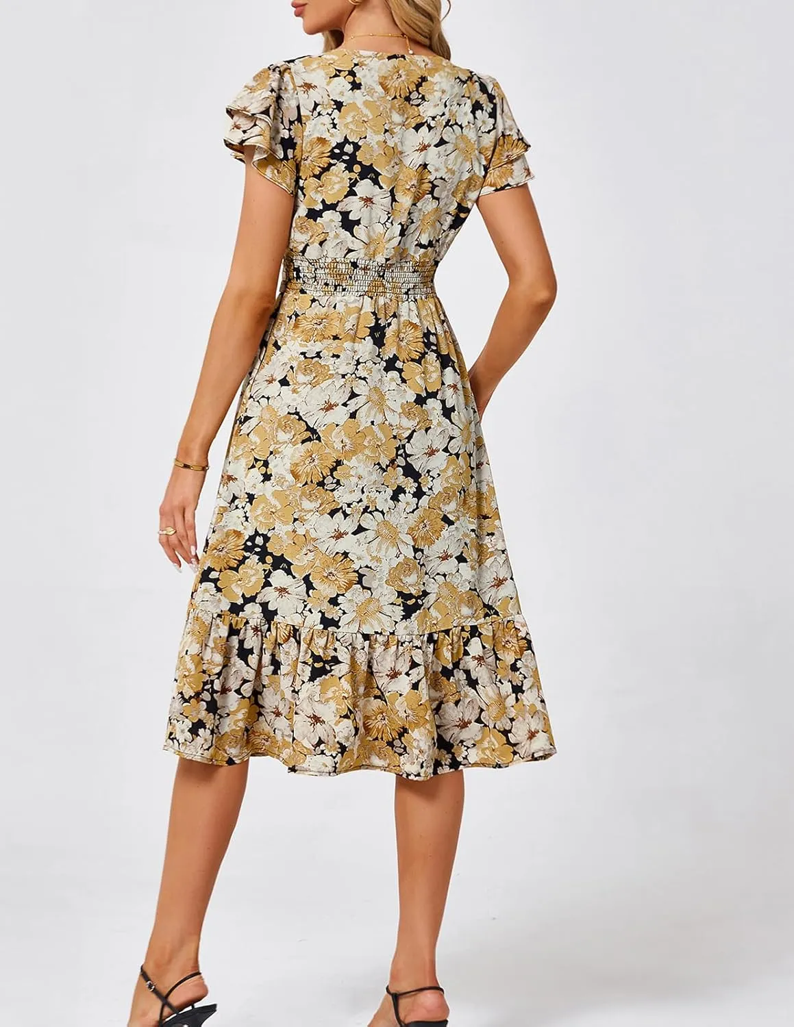 JASAMBAC Women Summer Dresses Casual Flowy Beach V Neck Ruffle Sleeve Smocked Back Waist Floral Midi Dress with Pockets
