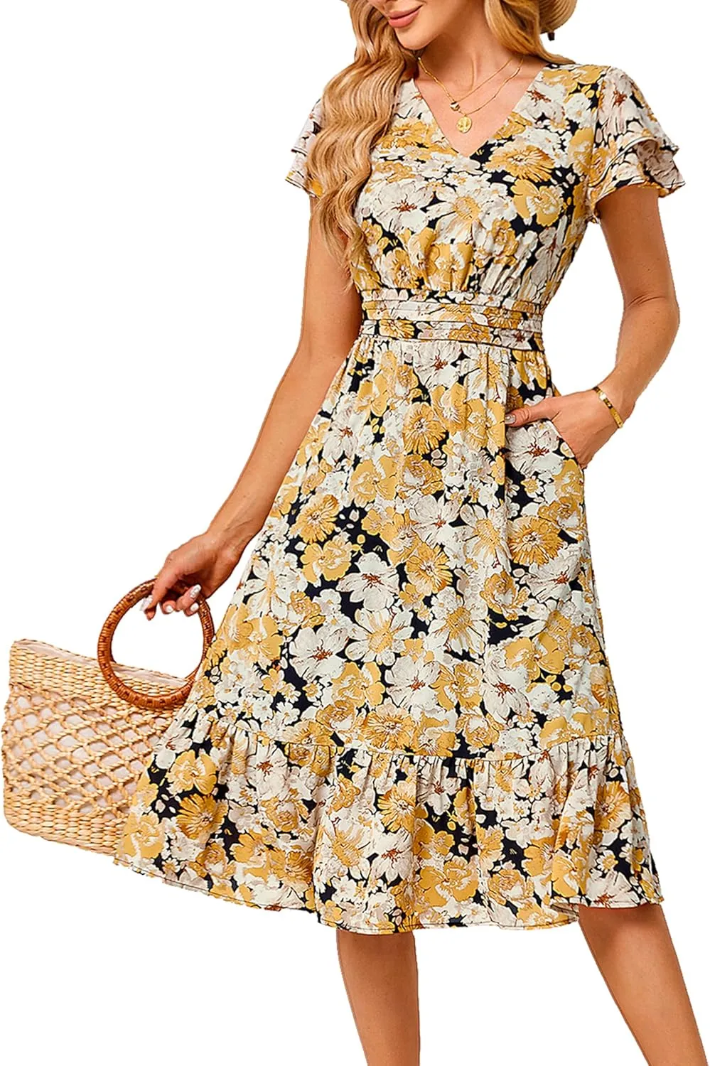 JASAMBAC Women Summer Dresses Casual Flowy Beach V Neck Ruffle Sleeve Smocked Back Waist Floral Midi Dress with Pockets