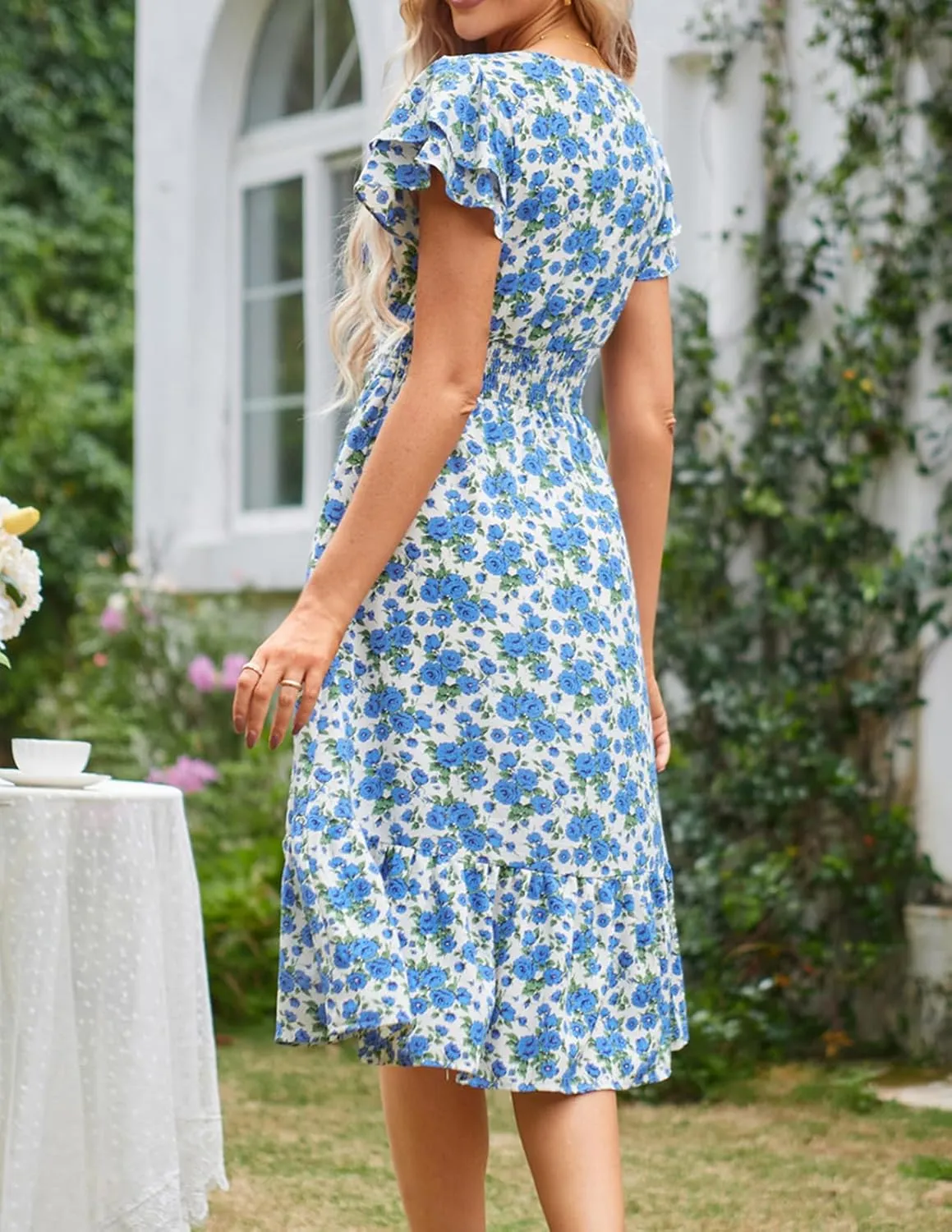 JASAMBAC Women Summer Dresses Casual Flowy Beach V Neck Ruffle Sleeve Smocked Back Waist Floral Midi Dress with Pockets