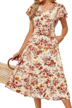 JASAMBAC Women Summer Dresses Casual Flowy Beach V Neck Ruffle Sleeve Smocked Back Waist Floral Midi Dress with Pockets