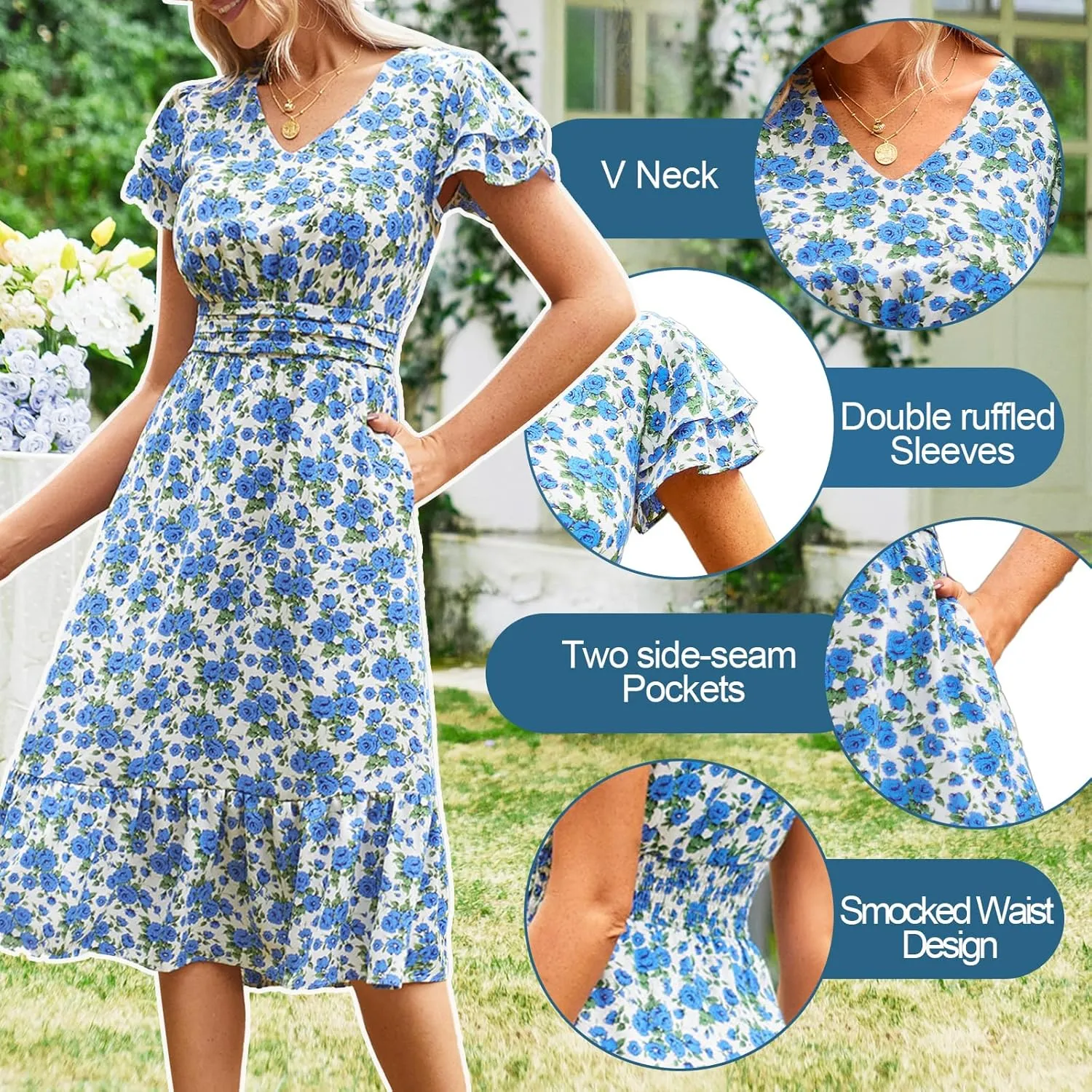 JASAMBAC Women Summer Dresses Casual Flowy Beach V Neck Ruffle Sleeve Smocked Back Waist Floral Midi Dress with Pockets