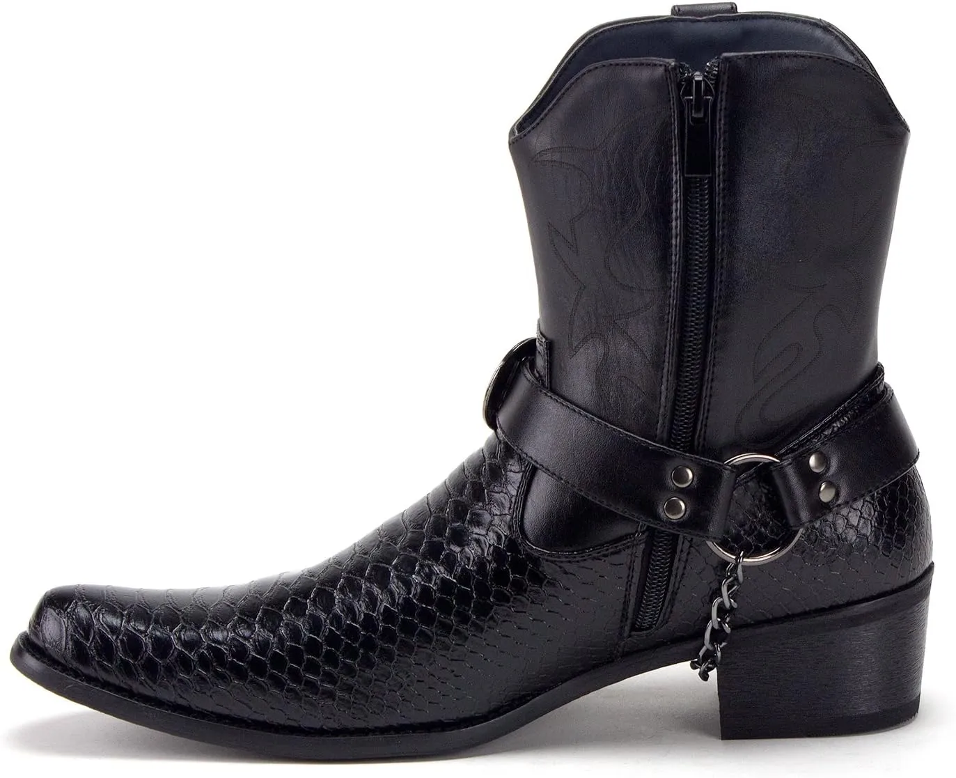 Jazame Cowboy Boots for Men Western Style Ankle High Motorcycle Riding Pointy Toe Moto Dress Boot Belt Buckle Faux Snake Skin Chain Accent