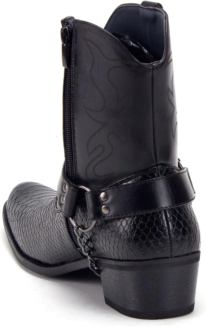 Jazame Cowboy Boots for Men Western Style Ankle High Motorcycle Riding Pointy Toe Moto Dress Boot Belt Buckle Faux Snake Skin Chain Accent