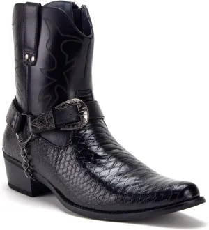 Jazame Cowboy Boots for Men Western Style Ankle High Motorcycle Riding Pointy Toe Moto Dress Boot Belt Buckle Faux Snake Skin Chain Accent
