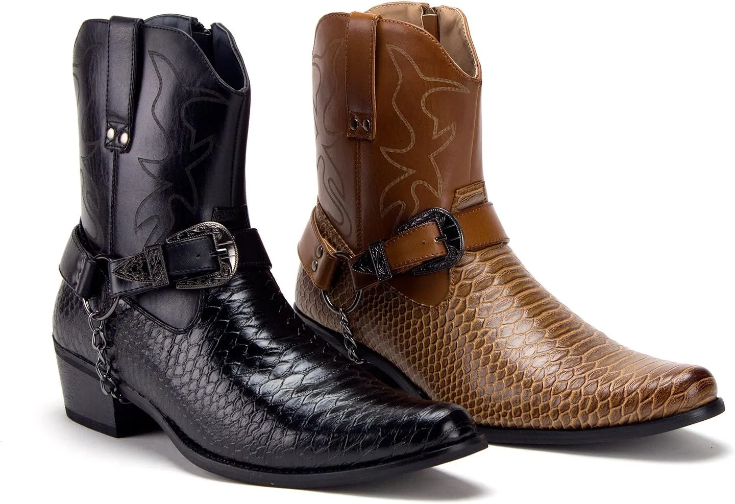 Jazame Cowboy Boots for Men Western Style Ankle High Motorcycle Riding Pointy Toe Moto Dress Boot Belt Buckle Faux Snake Skin Chain Accent