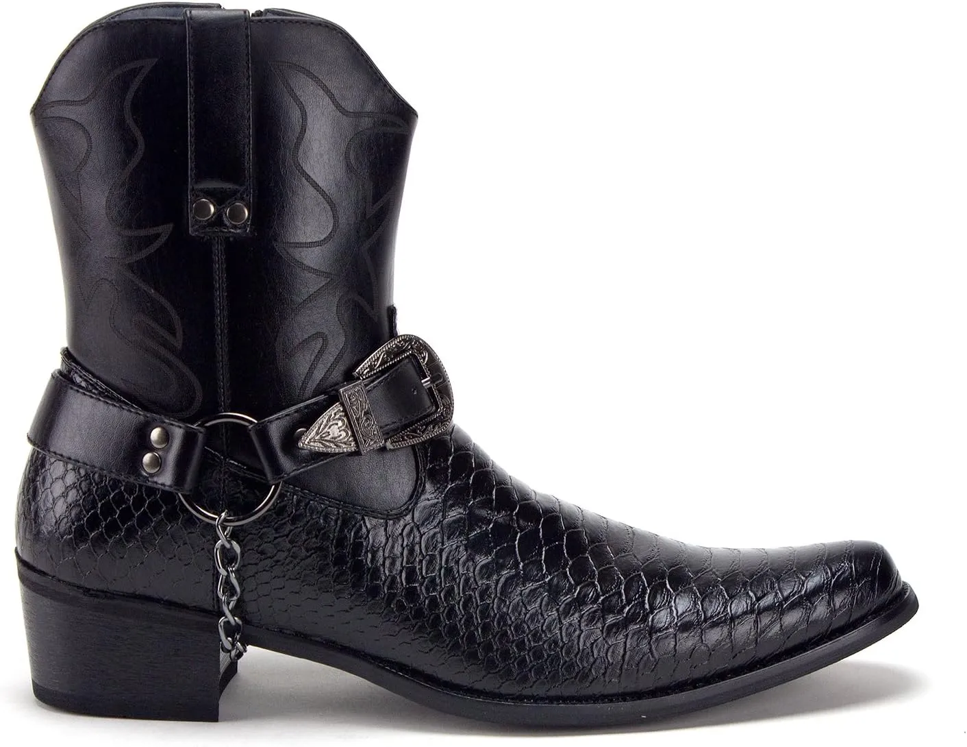 Jazame Cowboy Boots for Men Western Style Ankle High Motorcycle Riding Pointy Toe Moto Dress Boot Belt Buckle Faux Snake Skin Chain Accent