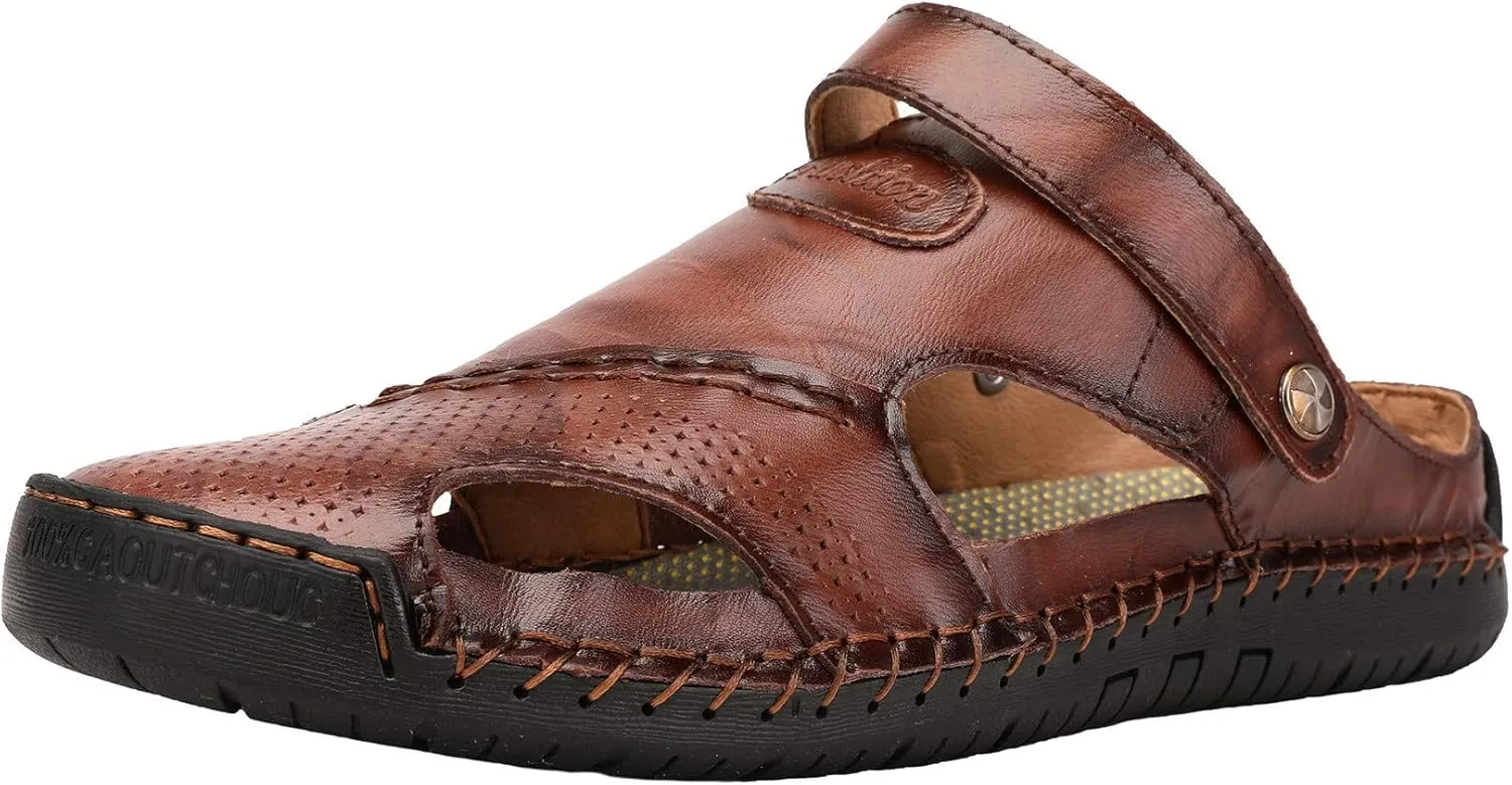 JIONS Mens Hand Stitching Outdoor Closed Toe Leather Sandals, Adjustable Heel Strap Slip on Sandals Beach Slippers Shoes