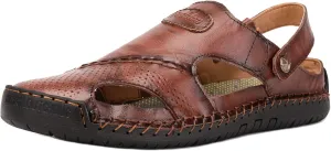 JIONS Mens Hand Stitching Outdoor Closed Toe Leather Sandals, Adjustable Heel Strap Slip on Sandals Beach Slippers Shoes