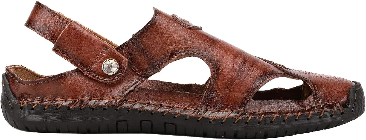 JIONS Mens Hand Stitching Outdoor Closed Toe Leather Sandals, Adjustable Heel Strap Slip on Sandals Beach Slippers Shoes
