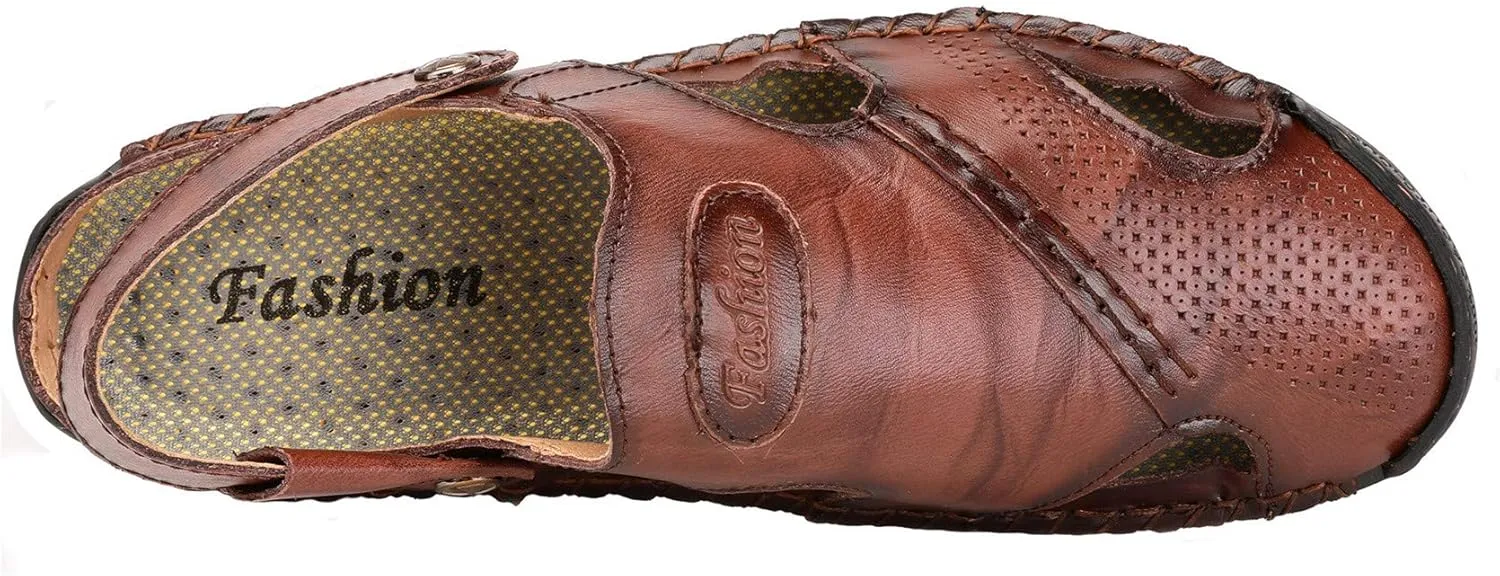 JIONS Mens Hand Stitching Outdoor Closed Toe Leather Sandals, Adjustable Heel Strap Slip on Sandals Beach Slippers Shoes