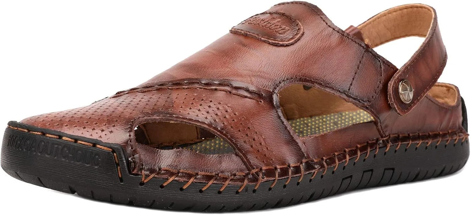JIONS Mens Hand Stitching Outdoor Closed Toe Leather Sandals, Adjustable Heel Strap Slip on Sandals Beach Slippers Shoes