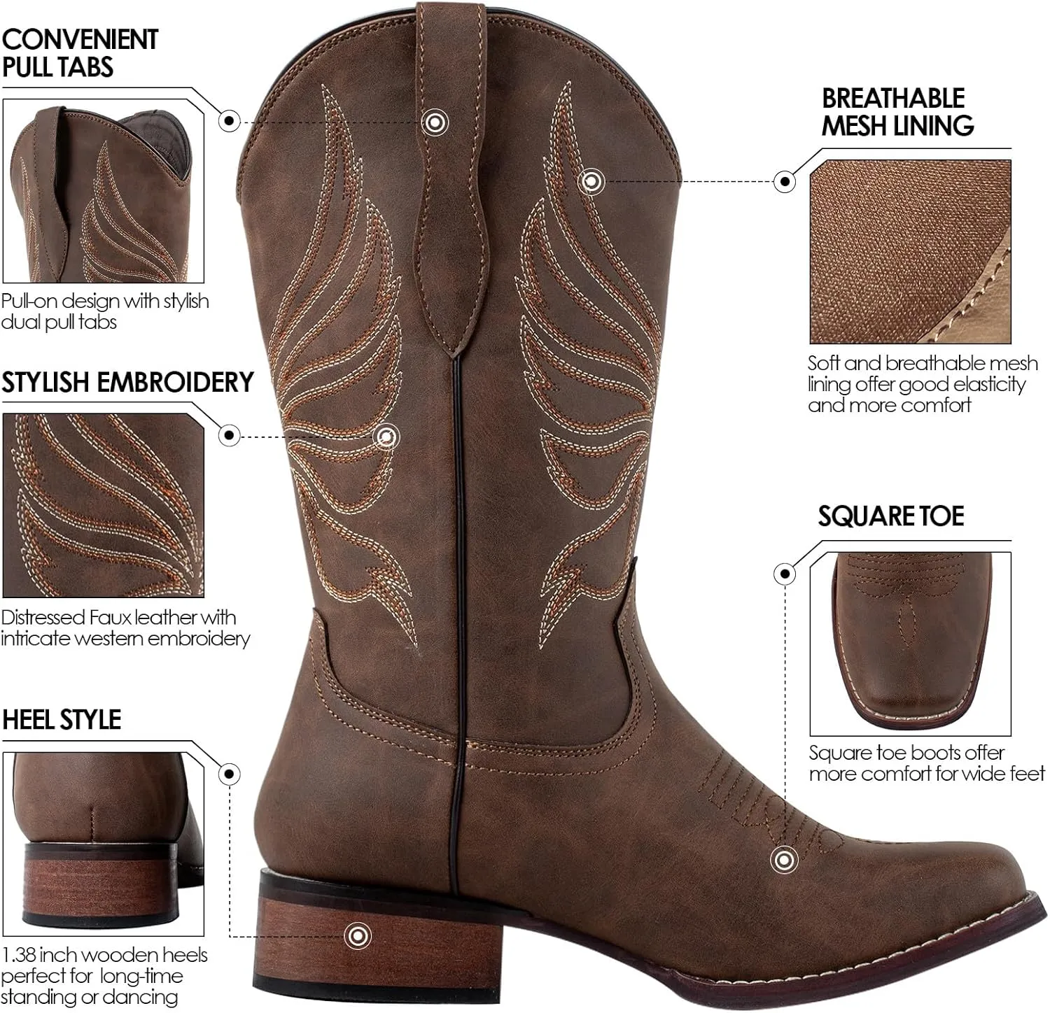 J's.o.l.e Cowboy Boots for Women Square Toe Cowgirl Boots Ladies Fashion Western Boots