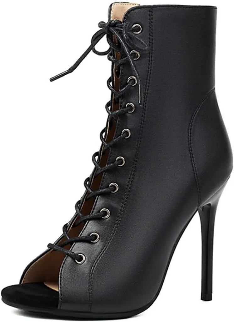 JXUZY Womens Jazz Ballroom Dance High Heels Sandals Peep Toe Lace-up Stiletto Heels Ankle Boots
