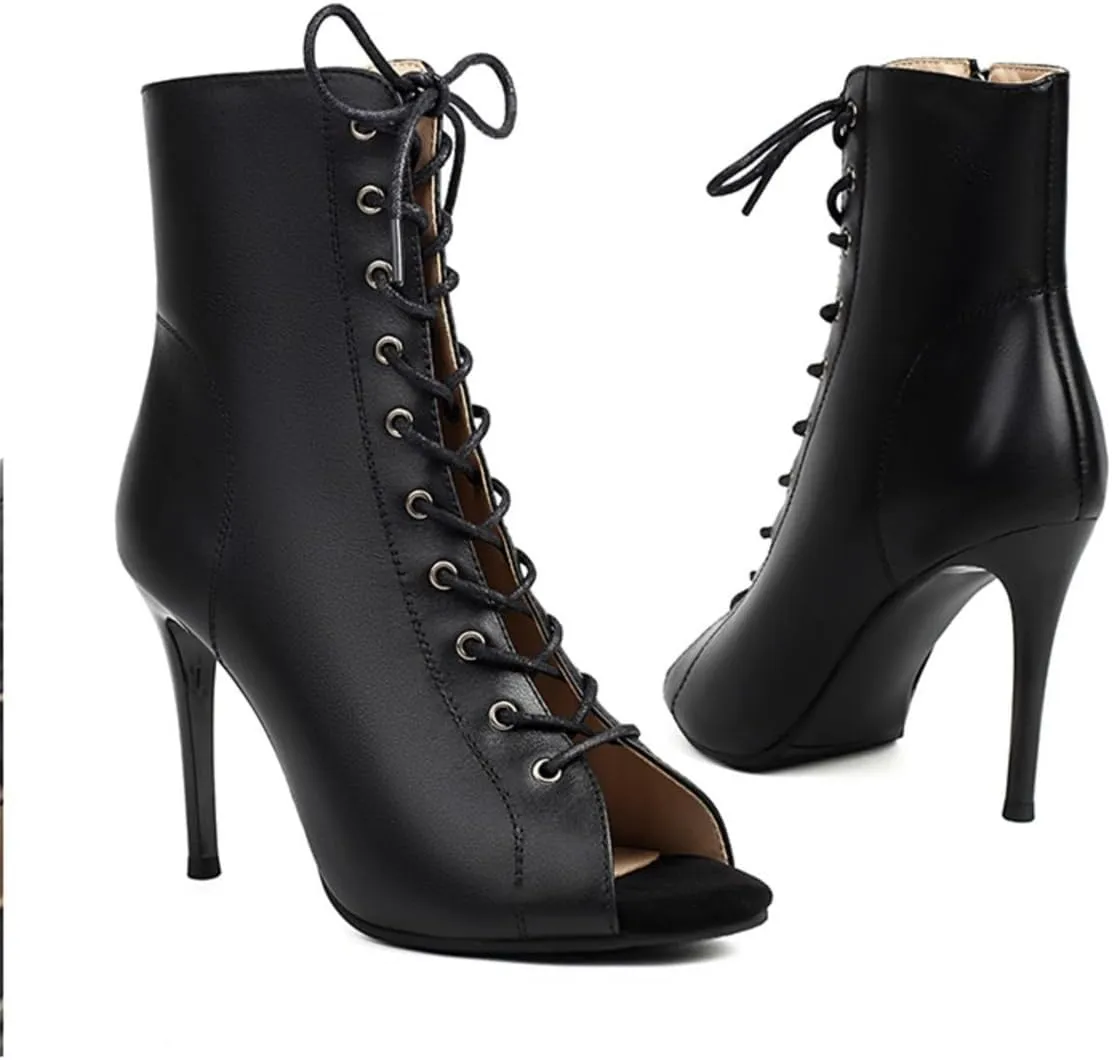 JXUZY Womens Jazz Ballroom Dance High Heels Sandals Peep Toe Lace-up Stiletto Heels Ankle Boots
