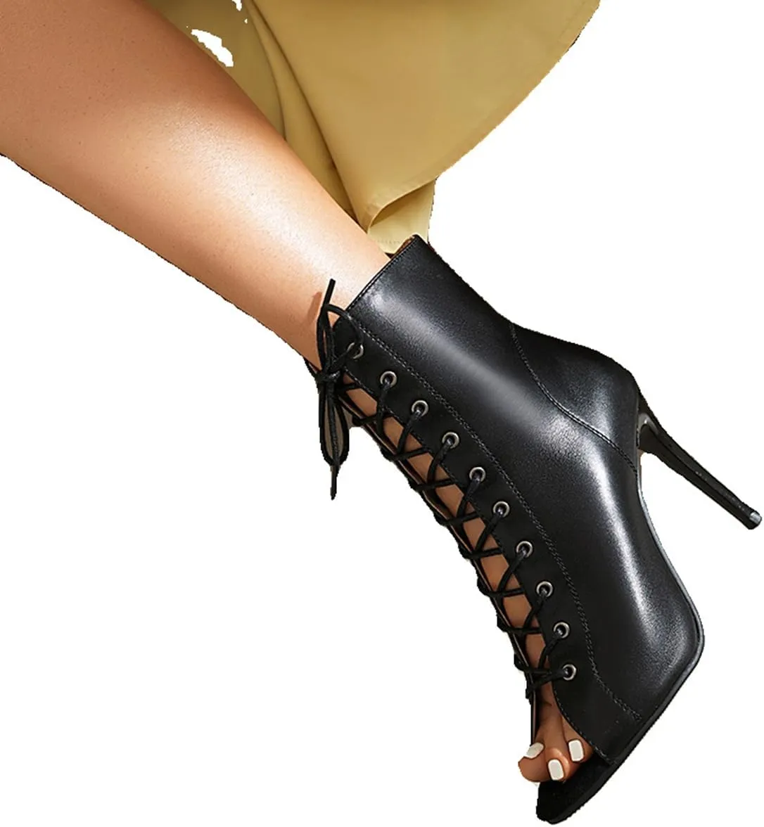 JXUZY Womens Jazz Ballroom Dance High Heels Sandals Peep Toe Lace-up Stiletto Heels Ankle Boots