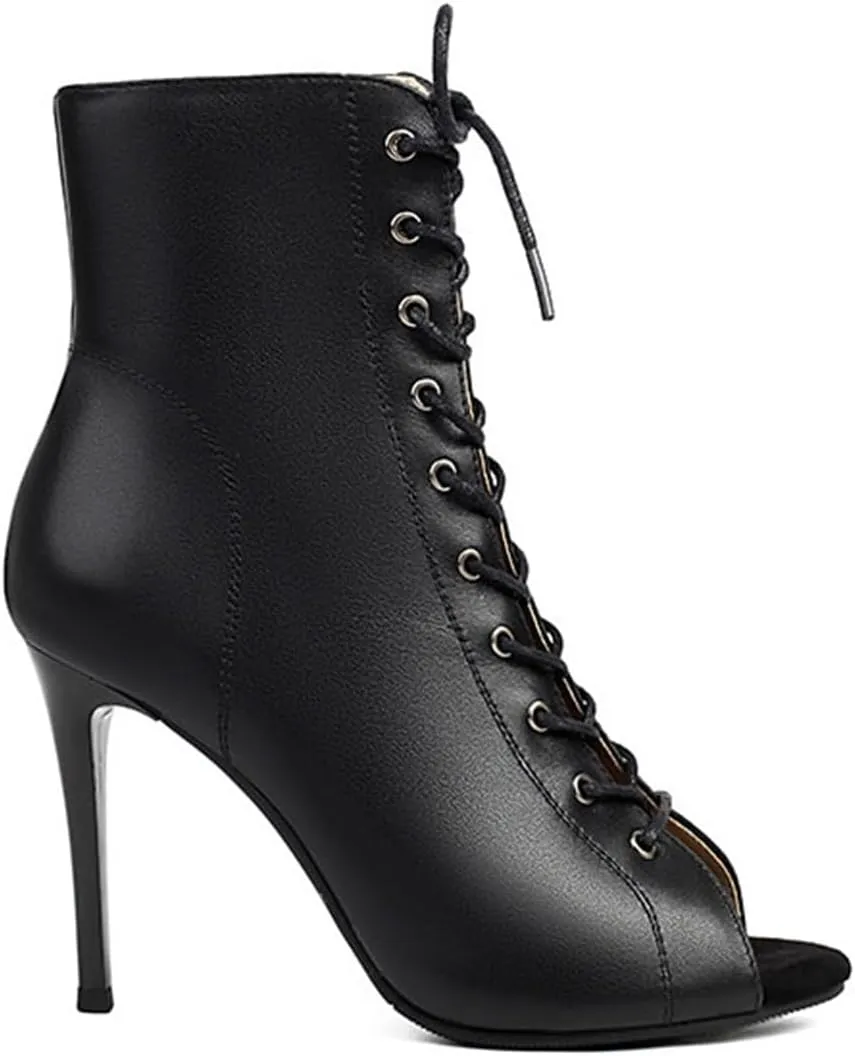 JXUZY Womens Jazz Ballroom Dance High Heels Sandals Peep Toe Lace-up Stiletto Heels Ankle Boots