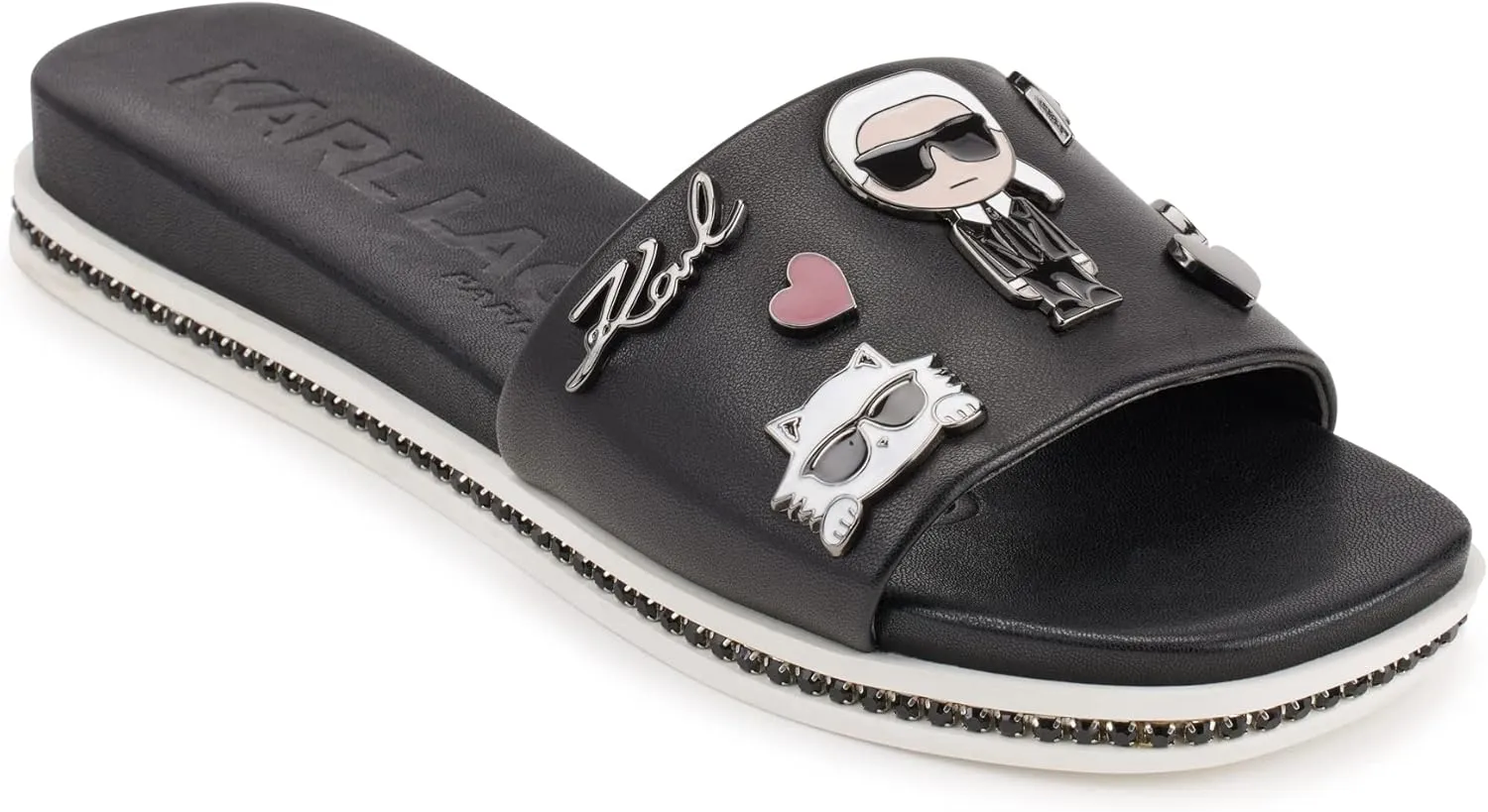 KARL LAGERFELD womens Jeslyn Slides – Effortlessly Fashionable Slide-on Shoes With Bold Klp Pins