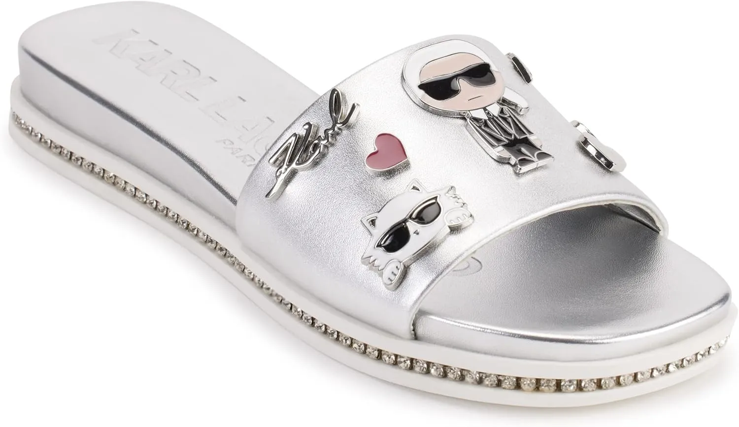 KARL LAGERFELD womens Jeslyn Slides – Effortlessly Fashionable Slide-on Shoes With Bold Klp Pins
