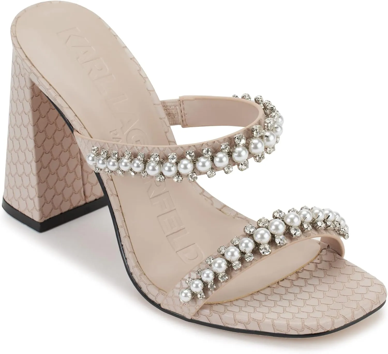 KARL LAGERFELD womens Rayan Embellished Block Heel Sandal