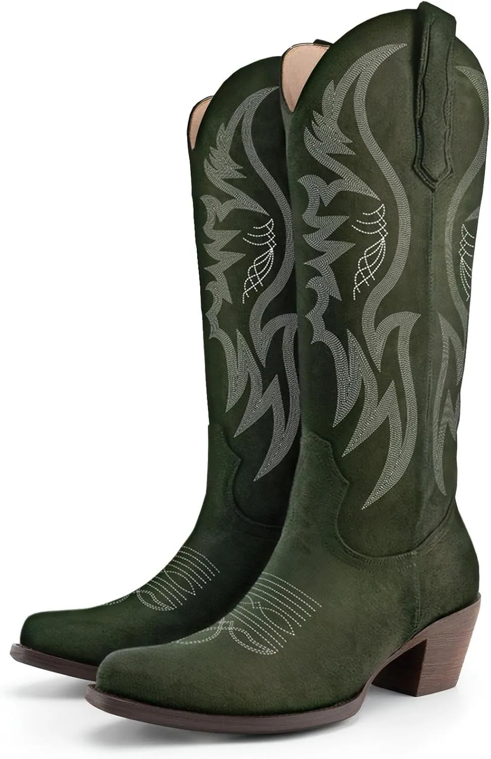 KaroNairy Women Cowboy Boots Faux Suede Embroidered Pointed Thick Heeled Western Wide Calf Cowgirl Ponited Toe Mid Calf Boots