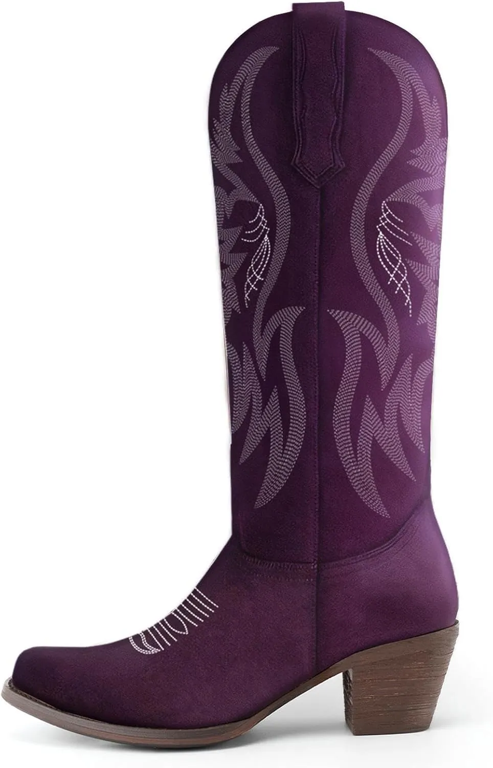 KaroNairy Women Cowboy Boots Faux Suede Embroidered Pointed Thick Heeled Western Wide Calf Cowgirl Ponited Toe Mid Calf Boots
