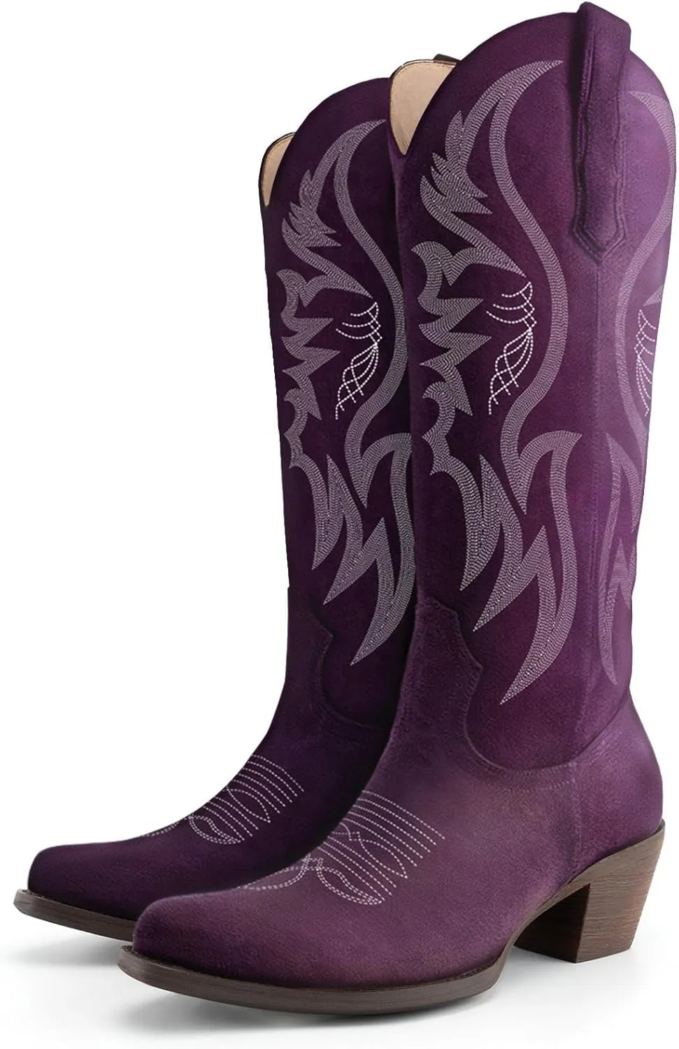 KaroNairy Women Cowboy Boots Faux Suede Embroidered Pointed Thick Heeled Western Wide Calf Cowgirl Ponited Toe Mid Calf Boots