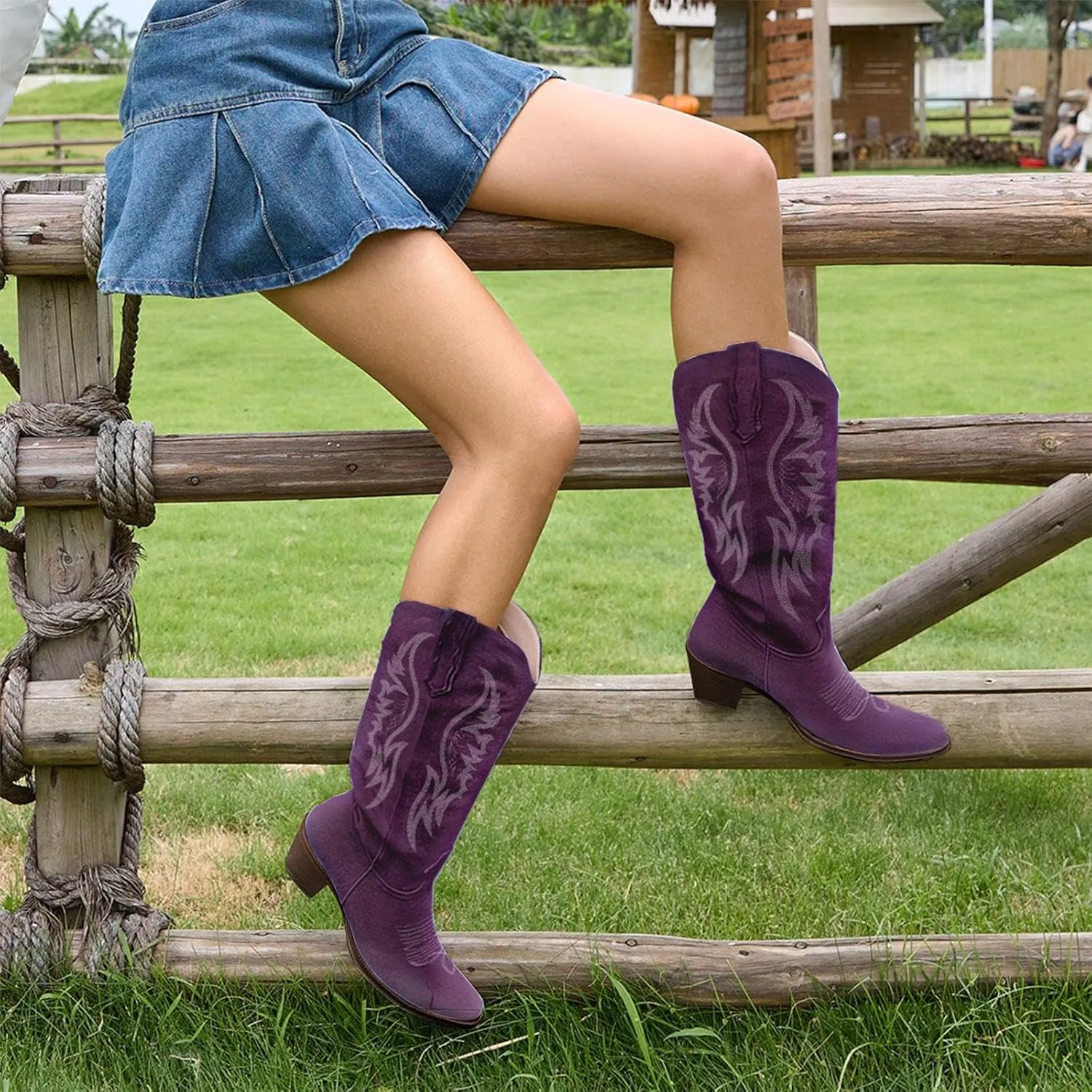 KaroNairy Women Cowboy Boots Faux Suede Embroidered Pointed Thick Heeled Western Wide Calf Cowgirl Ponited Toe Mid Calf Boots