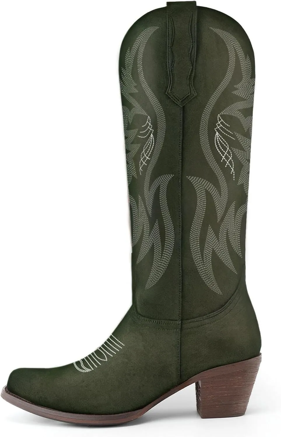 KaroNairy Women Cowboy Boots Faux Suede Embroidered Pointed Thick Heeled Western Wide Calf Cowgirl Ponited Toe Mid Calf Boots